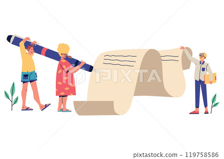 Two People Holding a Large Pen and a Long Paper Roll, While a Man Stands Nearby, Smart Contract Two People Holding a Large Pen and a Long Paper Roll, While a Man Stands Nearby, Smart Contract 119758586