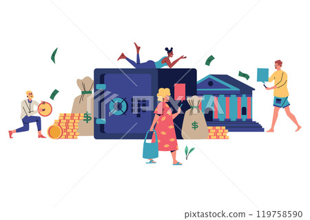 Three People Interacting with a Safe and a Bank Building, Central Bank Illustration Three People Interacting with a Safe and a Bank Building, Central Bank Illustration 119758590