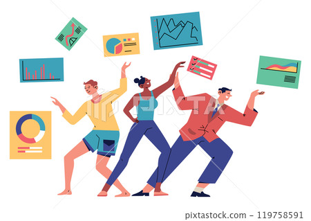 Three People Dancing and Celebrating Among Charts and Diagrams, Crowdfunding Illustration Three People Dancing and Celebrating Among Charts and Diagrams, Crowdfunding Illustration 119758591