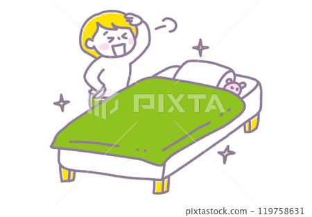 Illustration of a person who is satisfied after completing the task of making a bed (pastel) 119758631