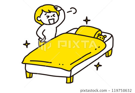 Illustration of a person who is satisfied after completing the task of making a bed (2 colors) 119758632