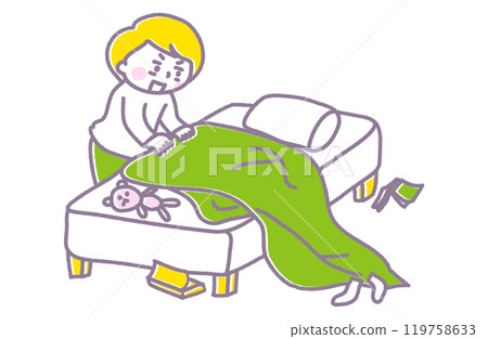 一個人醒來後準備床的插圖（粉彩） 119758633