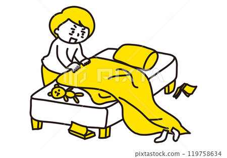 Illustration of a person tidying their bedding after waking up (2 colors) 119758634