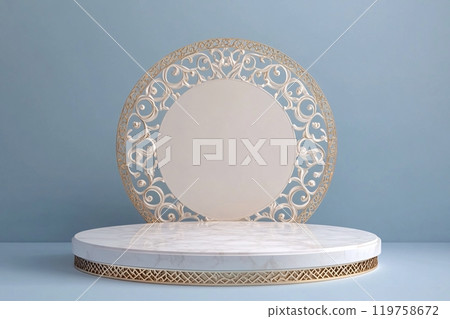 Luxury cosmetics displayed on an isolated porcelain podium with intricate patterns 119758672