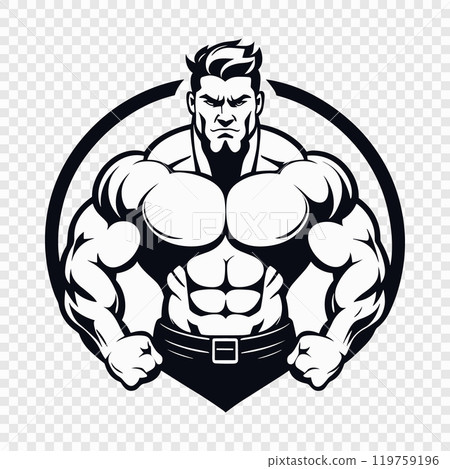 Muscular Bodybuilder Illustration with Determined Expression on Transparent Background 119759196