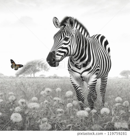 Zebra in the savannah with butterfly, black and white illustration Zebra in the savannah with butterfly, black and white illustration 119759281