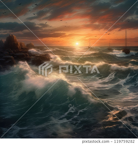 Beautiful seascape at sunset, 3d rendering. Computer digital drawing. Beautiful seascape at sunset, 3d rendering. Computer digital drawing. 119759282