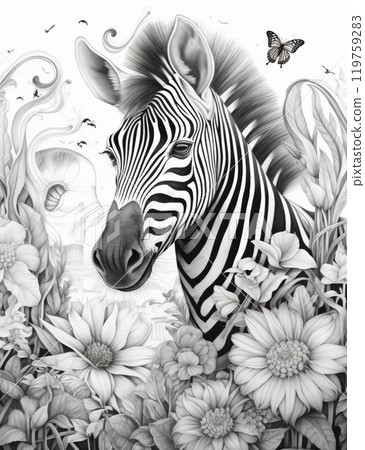 Zebra in the garden with flowers. Black and white illustration. Zebra in the garden with flowers. Black and white illustration. 119759283