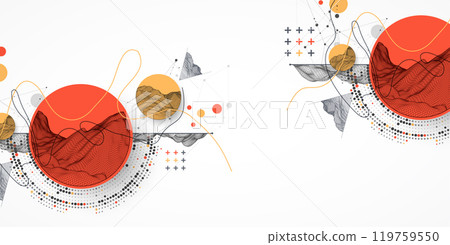 The abstract wave is made in a frame style with half tone element. Template for science and technology presentation. Hand drawn vector art. 119759550