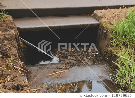 Drainage channel clogged with dry leaves and debris.AI Generated 119759635