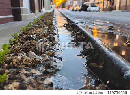 Drainage ditch filled with debris, obstructing water flow.AI Generated 119759636