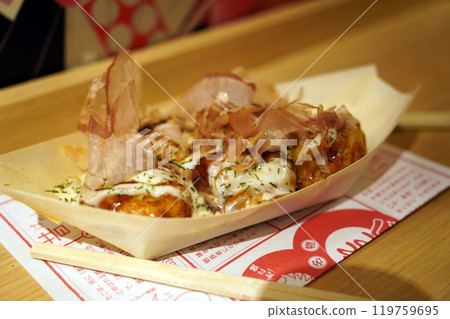 Takoyaki in Japanese style on a plate with chopsticks 119759695