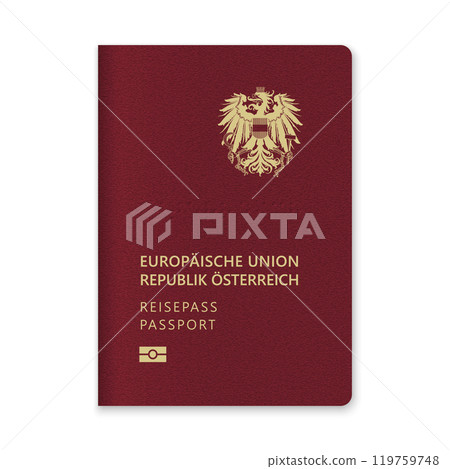 Austria Passport Cover with Gold Emblem and Text 119759748