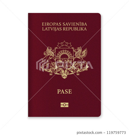 Latvia Passport Cover with Gold Emblem and Text Latvia Passport Cover with Gold Emblem and Text 119759773