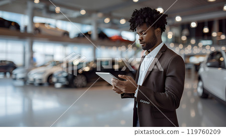 Elegant african american salesman using digital tablet at car showroom. Professional sales person working in modern car dealership. Modern technology. Elegant african american salesman using digital tablet at car showroom. Professional sales person working in modern car dealership. Modern technology. 119760209