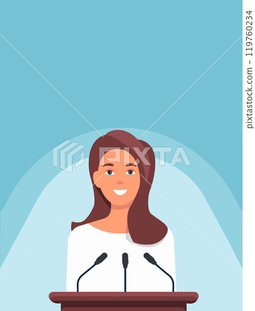A Caucasian speaker stands behind a podium with microphones makes a business report and mark A Caucasian speaker stands behind a podium with microphones makes a business report and mark 119760234