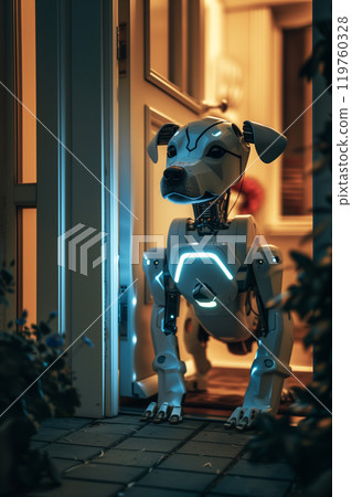 Adorable domestic robotic puppy welcoming at home entrance, smart animal concept 119760328