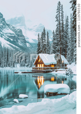 Scenic view of snow-covered emerald lake and wooden lodge in rocky mountains winter 119760330