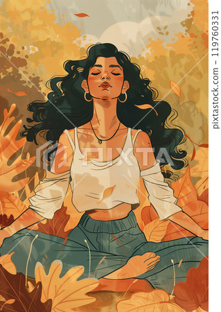 Serene woman practicing autumn-inspired yoga in bright daylight 119760331