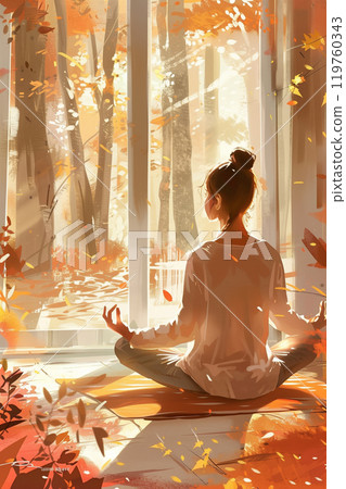 Serene woman practicing autumn-inspired yoga in bright daylight Serene woman practicing autumn-inspired yoga in bright daylight 119760343