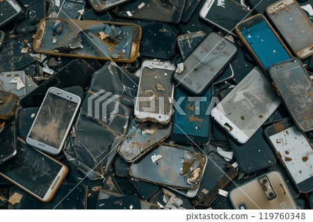 Discarded and broken smartphones representing the e-waste crisis Discarded and broken smartphones representing the e-waste crisis 119760348
