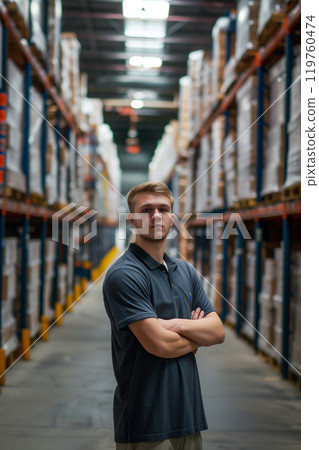 Male warehouse worker in bright distribution center with abundant natural light 119760474