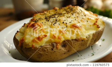 Delicious oven-baked potato with melted cheese on a white dish 119760573
