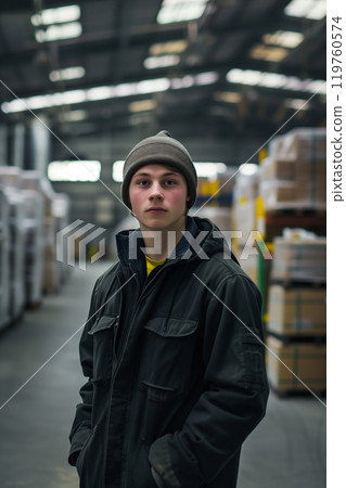 Male warehouse worker in bright distribution center with abundant natural light 119760574