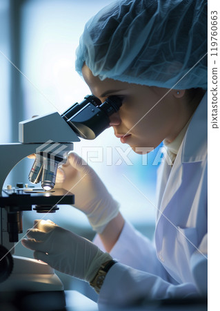Female medical professional analyzing microscope samples in laboratory office 119760663