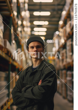 Male warehouse worker in bright distribution center with abundant natural light Male warehouse worker in bright distribution center with abundant natural light 119760678
