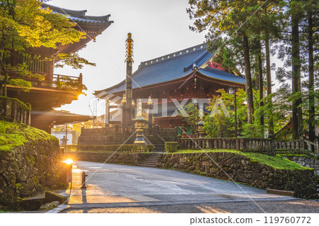 Sohrintoh Tower of Rinno Ji, a Tendai Buddhist temple in Nikko, Tochigi Prefecture, Japan. 119760772