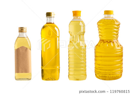 Vegetable oil in different bottle for cooking isolated on white background. Vegetable oil in different bottle for cooking isolated on white background. 119760815