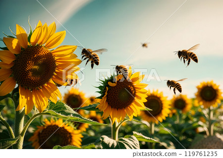 Honeybees gathering pollen from sunflowers at sunset. AI Generated 119761235
