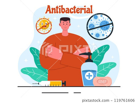 Antibacterial Vector Illustration of Handwashing, Virus Prevention, and Microbe Control for Hygiene and Healthcare in a Flat Style Background 119761606