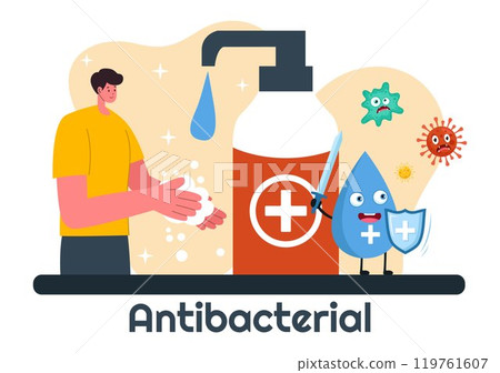 Antibacterial Vector Illustration of Handwashing, Virus Prevention, and Microbe Control for Hygiene and Healthcare in a Flat Style Background 119761607