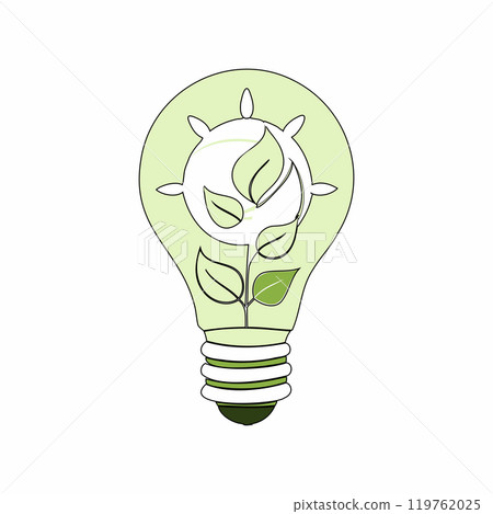 Flat vector illustration of a lightbulb with green leaves, symbolizing eco-friendly energy and sustainability. Ideal for environmental and green technology themes.. 119762025