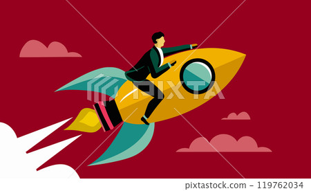 Businessman Billy flying on a rocket Jetpack up. Concept of business startup, launching of a Businessman Billy flying on a rocket Jetpack up. Concept of business startup, launching of a 119762034
