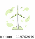 Simple flat vector illustration of a wind turbine with green leaves, representing eco-friendly energy and sustainability. Ideal for renewable energy and environmental projects.. 119762040