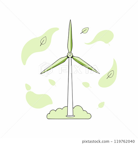 Simple flat vector illustration of a wind turbine with green leaves, representing eco-friendly energy and sustainability. Ideal for renewable energy and environmental projects.. 119762040