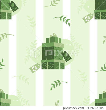 Holiday ecological shopping. Seamless pattern with stack of eco-friendly festive gift boxes with tags on white-green striped background. Vector illustration. Sustainable Fashion and environmental care Holiday ecological shopping. Seamless pattern with stack of eco-friendly festive gift boxes with tags on white-green striped background. Vector illustration. Sustainable Fashion and environmental care 119762104