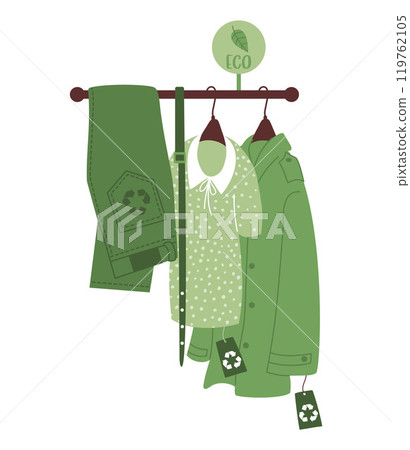 Sustainable Fashion shopping. Eco-conscious attire on hangers trouser, belt, blouse and coat. Appreciate recycled clothing concept. Advocacy for eco-friendly apparel. Vector illustration in flat style Sustainable Fashion shopping. Eco-conscious attire on hangers trouser, belt, blouse and coat. Appreciate recycled clothing concept. Advocacy for eco-friendly apparel. Vector illustration in flat style 119762105