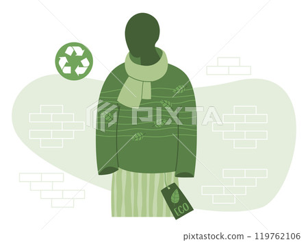 Eco-conscious shopping. Store mannequin in eco-friendly clothing, sweater and scarf made from recycled materials. Vector illustration. Sustainable Fashion, environmental care and green technologies 119762106