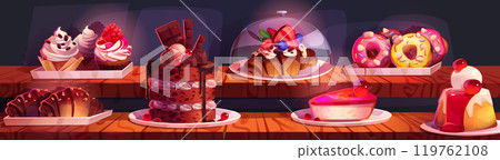 Sweet treats displayed on wooden counter 119762108