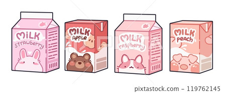 Kawaii style milk drink boxes set on white 119762145