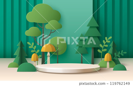 Cylinder platform surrounded by paper cut forest 119762149