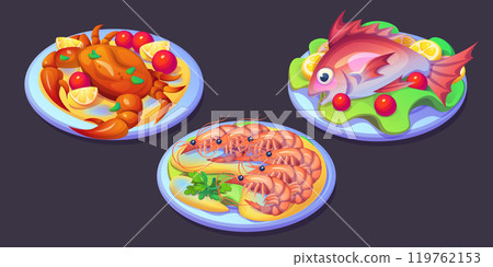 Plated seafood dishes served with colorful garnish 119762153