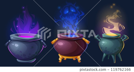 Magic cauldrons with mysterious glowing potion Magic cauldrons with mysterious glowing potion 119762166