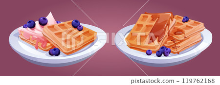 Belgian waffles served on ceramic plates. Belgian waffles served on ceramic plates. 119762168
