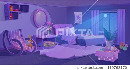 Nighttime bedroom interior under moonlight Nighttime bedroom interior under moonlight 119762170