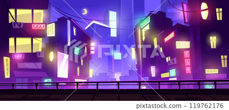 Vibrant night cityscape with neon glowing building 119762176